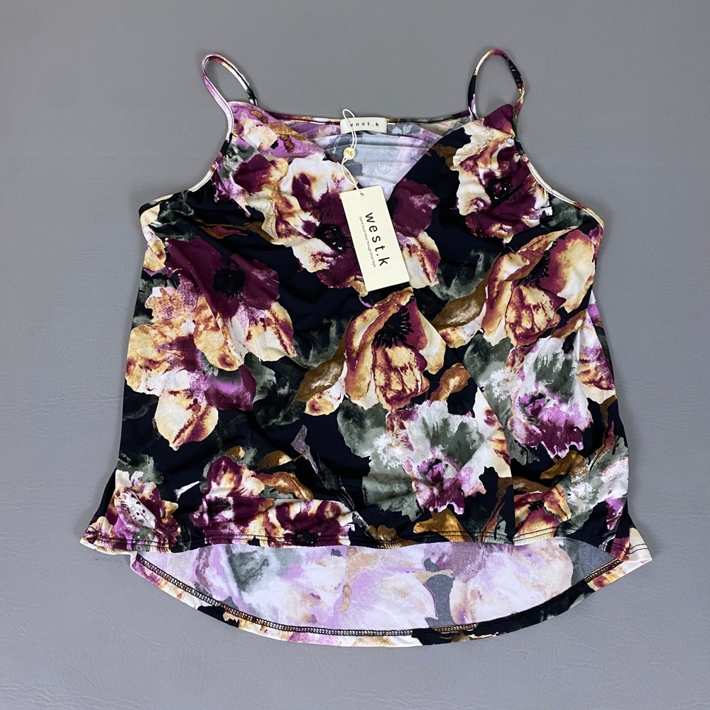 West K Cami Top Women's Large Floral Spaghetti Strap Drape Burgundy Orange NEW